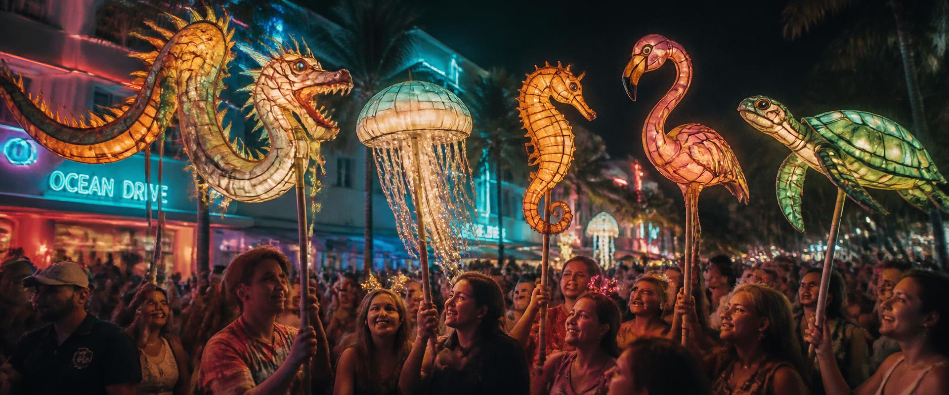 Crowd at the Miami Beach Lantern Parade surrounded by glowing sea creature lanterns