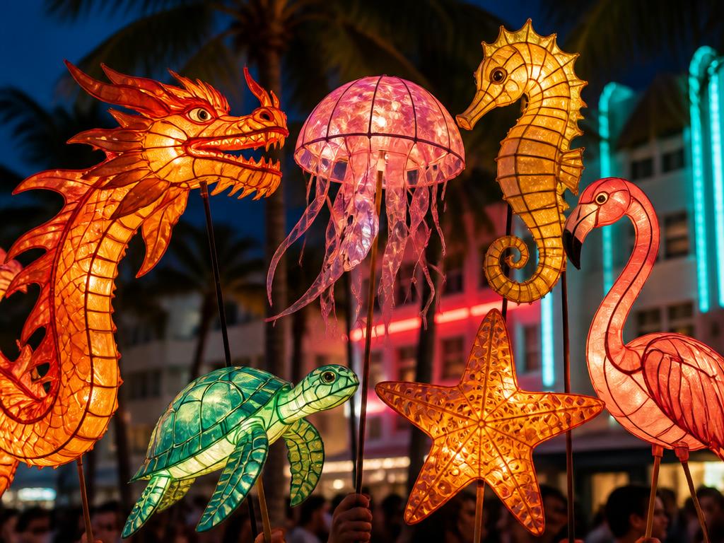 Seahorse and coral-shaped lanterns glowing in coral and teal along the Miami Beach parade route