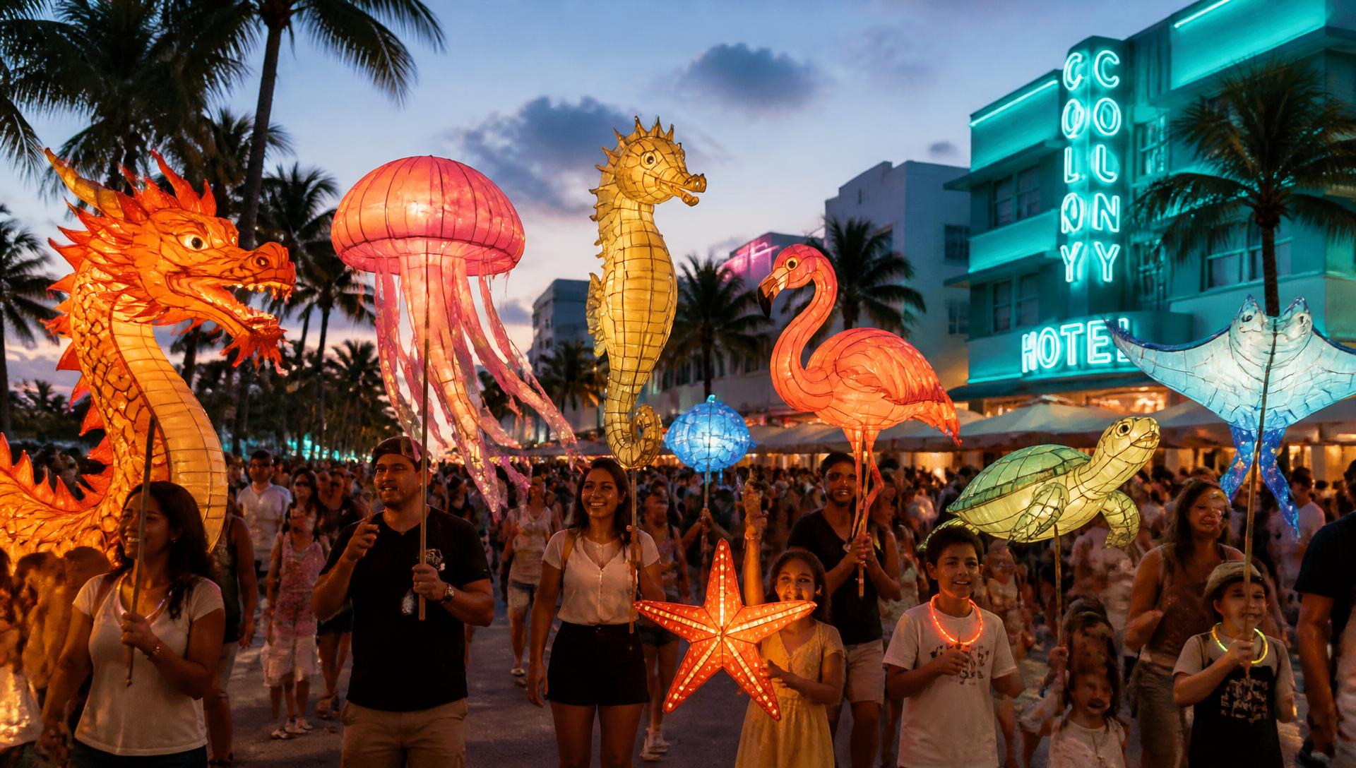 Miami Beach Lantern Parade at twilight along Ocean Drive with dragon, jellyfish, seahorse, and coral-inspired lanterns