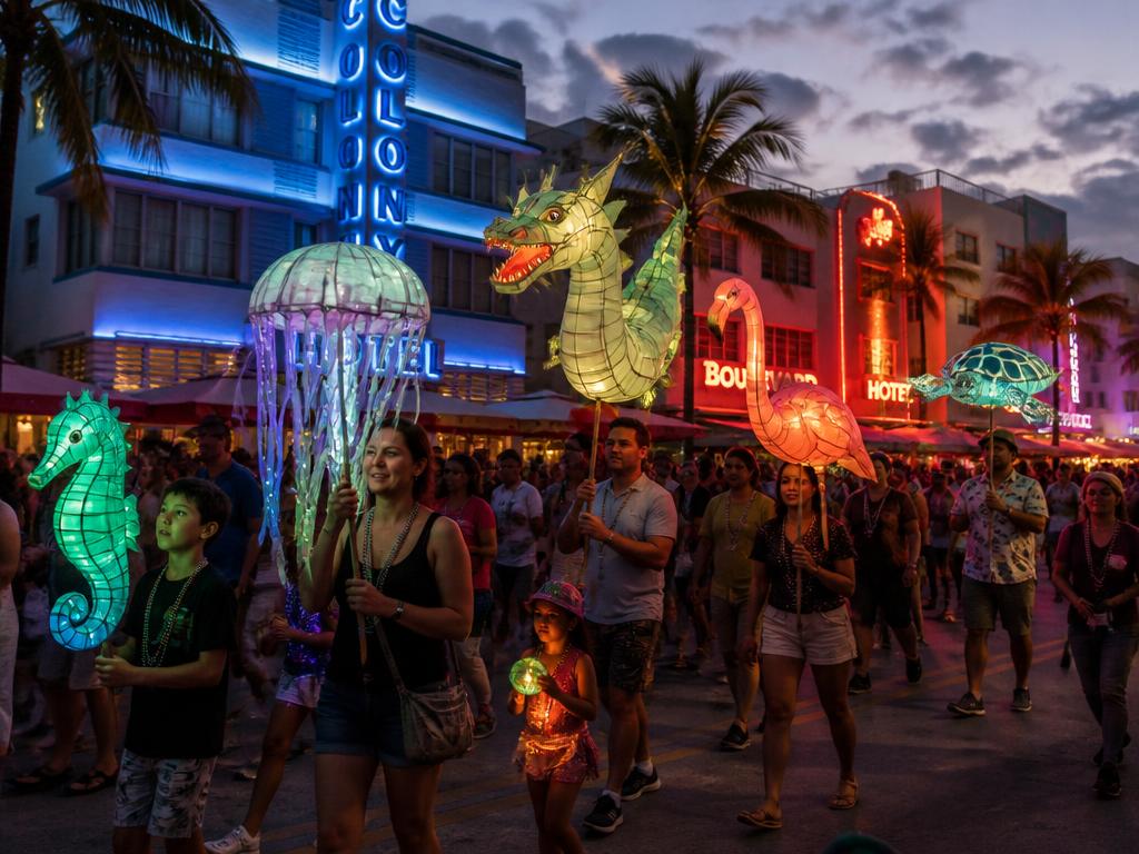 Dragon lantern leading parade walkers along Ocean Drive at twilight
